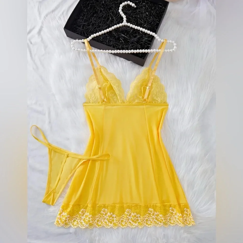 NWT New Fashion Yellow Lace Nightgown Slip Dress Size S